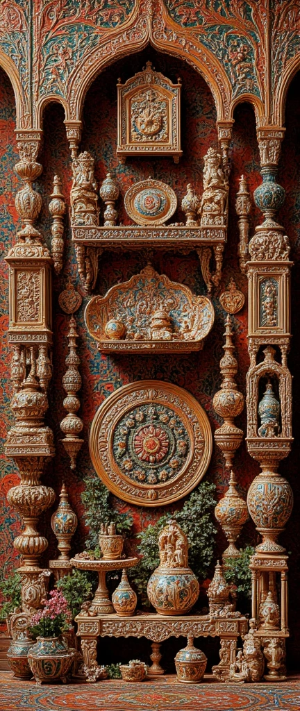 Create a stunning and highly detailed digital collage that celebrates the diverse handmade crafts of India. The composition should feature a vibrant array of Indian craftsmanship, including: intricately carved antiques, exquisite art pieces, colorful woven baskets, delicate paper mache objects, beautifully painted ceramics, traditional clock designs, ornate embroidery, bold block-printed textiles, decorative folk paintings, shimmering glasswork, luxurious fabrics, meticulously crafted furniture, unique gifts, intricate home décor items, dazzling traditional jewelry, finely tooled leather crafts, elegant metalwork, charming paper crafts, earthy pottery, traditional puppets, and intricately carved stone and woodworks. Each element should be depicted with rich textures and colors, reflecting the cultural essence of India. The background should incorporate traditional Indian patterns, such as paisleys or mandalas, with warm, vibrant tones that bring a sense of harmony and celebration to the artwork.