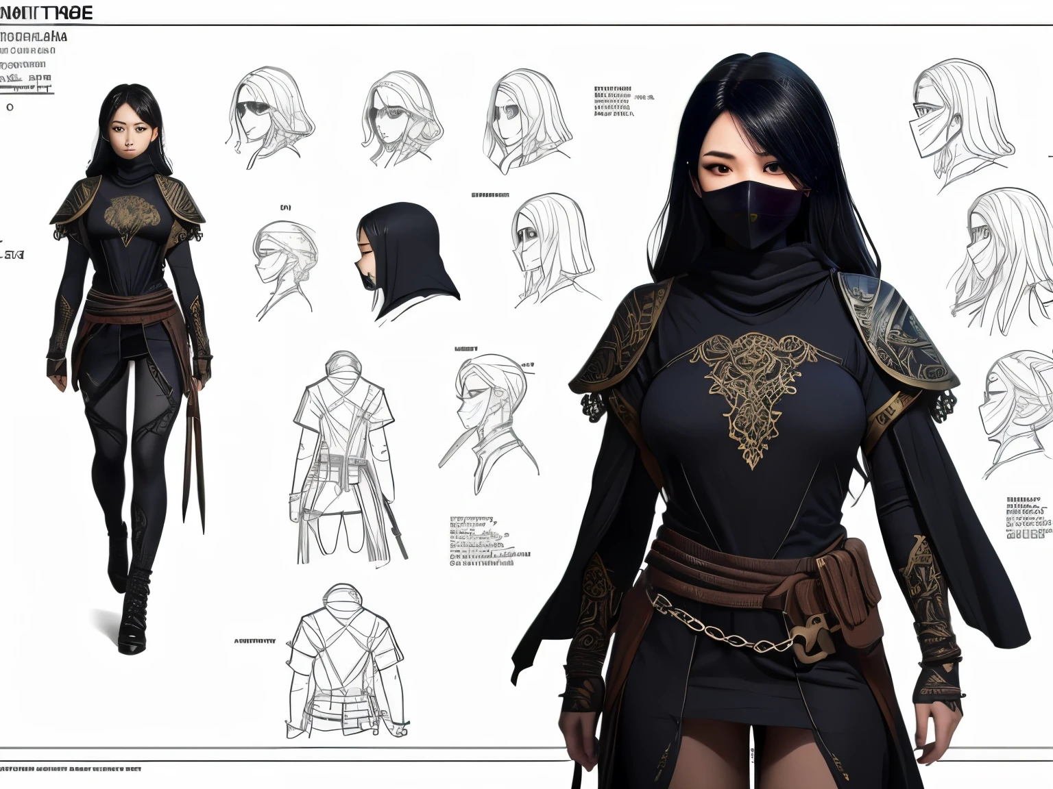 Character Design Sheet, , character reference sheet, character turn around, a Ninja woman, (Ninja Costume: Dressed in black with black ink all over his body, chain mail inside it, ink on his face, a ninja sword on his back, he sneaks into enemy territory in the shadows of the night), trending on artstation, pixiv, cgsociety, hyperdetailed Unreal Engine 4k 8k ultra HD, (masterpiece, best quality, ultra-detailed), illustration, disheveled hair, detailed eyes, perfect composition, moist skin, beautiful and sexy asian woman, intricate details, Blueprint Schematic Drawing, , technical drawing, blueprint, schematic
