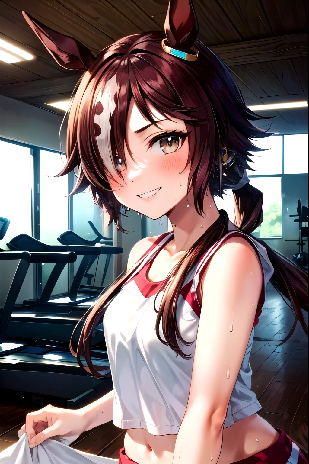 (masterpiece),  best quality, (((  super detailed , 8K quality))),  's expressive eyes ,  perfect face, perfect anatomy,  perfect body, scene,  1 girl, Oomp vodka, smile, Hair on one eye,  ponytail, Horse's Tail, abdomen, indoor, Gym Room,smile,sweat, ponytail, towel