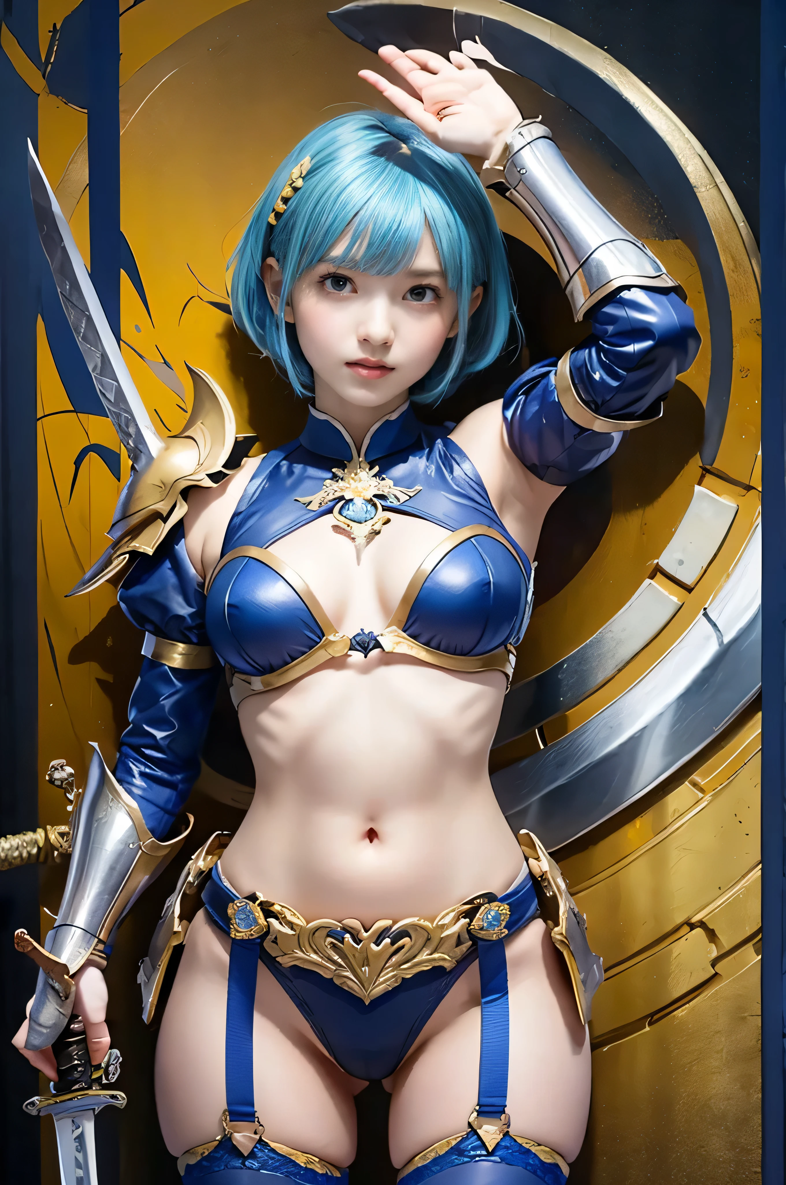 (masterpiece,  best quality:1.2), 8k, Baby-faced woman with bright blue short hair, Yellow Theme，((The Long Waving Sword :1.4))，armor，Exposing the belly button，Sakura NS，Promotional poster style，D Cup，Exposing the belly button， Sexy One Piece Stockings， happy expression, realistic skin texture,  beautiful blue eyes bandaged all over, Combat pose,