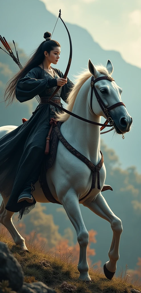 Traditional Chinese women,Beautiful girl ,Ride a white war horse,Martial Arts, black dress ,Enrollment bow and arrow shooting position, , Mountain,war,Epic Style,mystery,fire,forest, Fighter