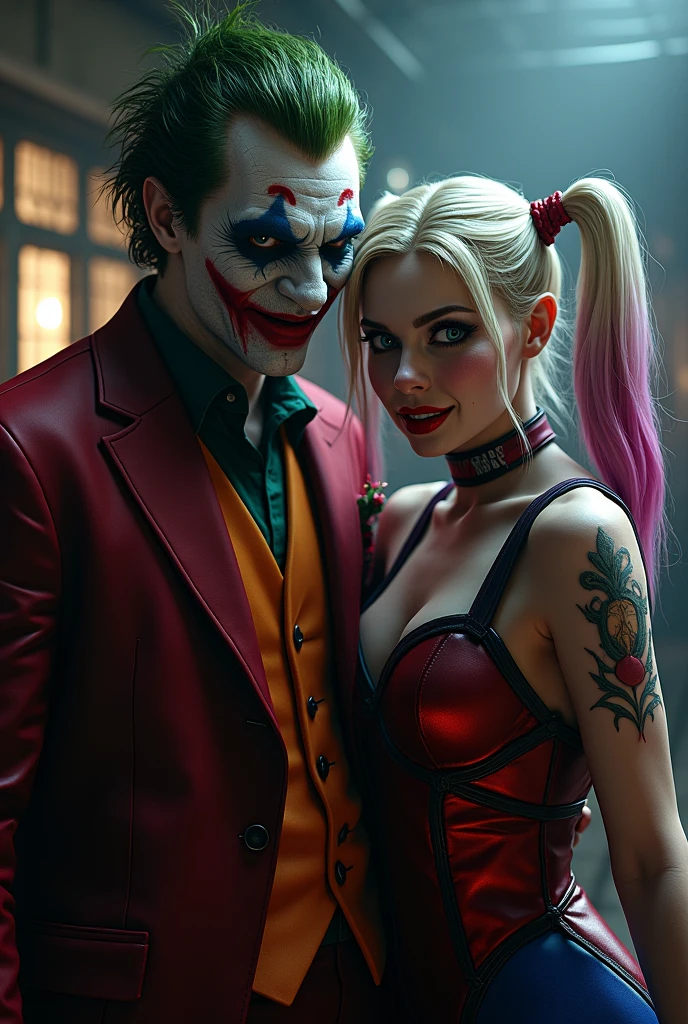 Masterpiece, close up portrait of harley quinn. Pink and blue makup around her eyes with glossy black lips. She is posing sexy. a lit cigarette between her lips and exhaling creamy smoke from her mouth. Lots of smoke lingers and drifts in the air all around her and fills the limousine. She has thick long blonde hair tied in twin bunches with pink and blue ends and she is wearing a short tight black and red leather punk jacket with chains and spikes. Sitting next to her is the joker, white and red face paint and purple jacket with studs. Very Thick smoke fills the limousine like a fog. The joker is grabbing harley's breast and she is in love with joker. detailed and colourful digital comicbook art with deep shadows.