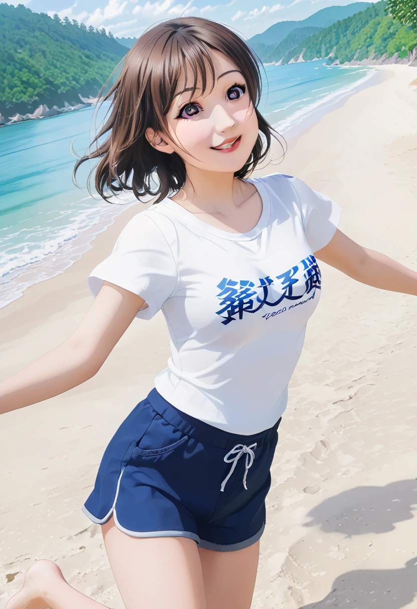 ( top quality 、 Masterpiece、  high resolution 、8k)、Bright colors、Beautiful young woman、 White Bra、 short bob brown and black 、 barefoot、( fine face 、The beautiful eyes、Beautiful nose、Beautiful lips)、Beautiful breasts、 white t-shirt and shorts、 running on the beach 、 surprised smile 、Look at the camera、 official art 、Sea background 、 sky blue 、 white waves and wide sandy beaches 、Vast forest 、 white clouds entrance 、