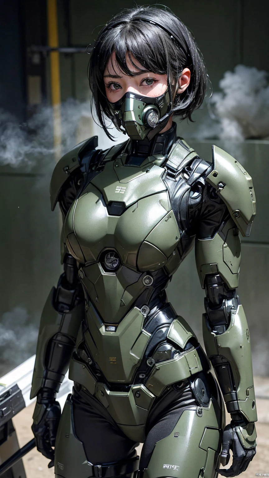 最high quality非常に詳細, Advanced Details, high quality, 最high quality, High resolution, 1080P, hard disk, beautiful,(War Machine),(Snug-fitting headgear),See the big picture,beautifulサイボーグ女性,Dark Green Mecha Cyborg Girl,BATTLE MODE,Mecha Body Girl 8k dark green body armor Elementary school girl Sweaty face Droopy eyes short hair Gas mask with extension nozzle boyish Steam coming out of my head My hair is wet with sweat Black Hair, Steam coming out of the mouth The skin under the face is not exposed With an expression of extreme pain, he kneels and hides his crotch.
