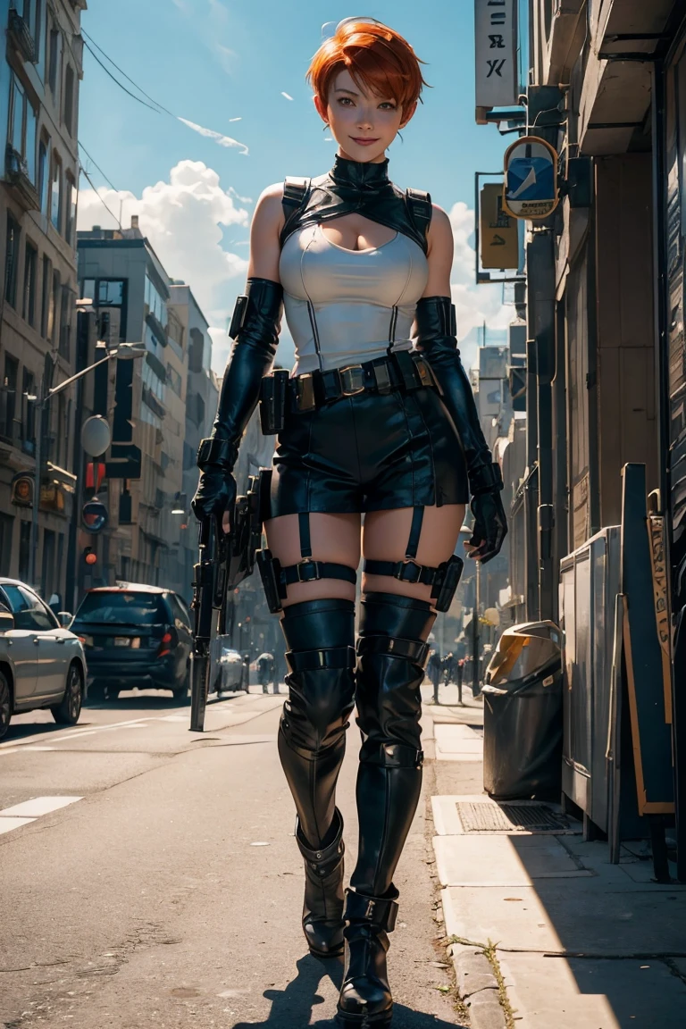 (((Full-length shot))),((Best quality)), ((masterpiece)), (detailed),MFBP1,muscular build and medium breasts .., wears an open black leather vest.., black leather gloves, a short skirt and heavy boots. She has a punk rock look.Hyper-realistic close-up photo of Rose Wilson DC, blue eyes,(Photorealism: 1.4), Create dystopian masterpieces. Post-apocalyptic world. Pay attention to small details, sharp focus. The palms of the hands are clenched into fists.