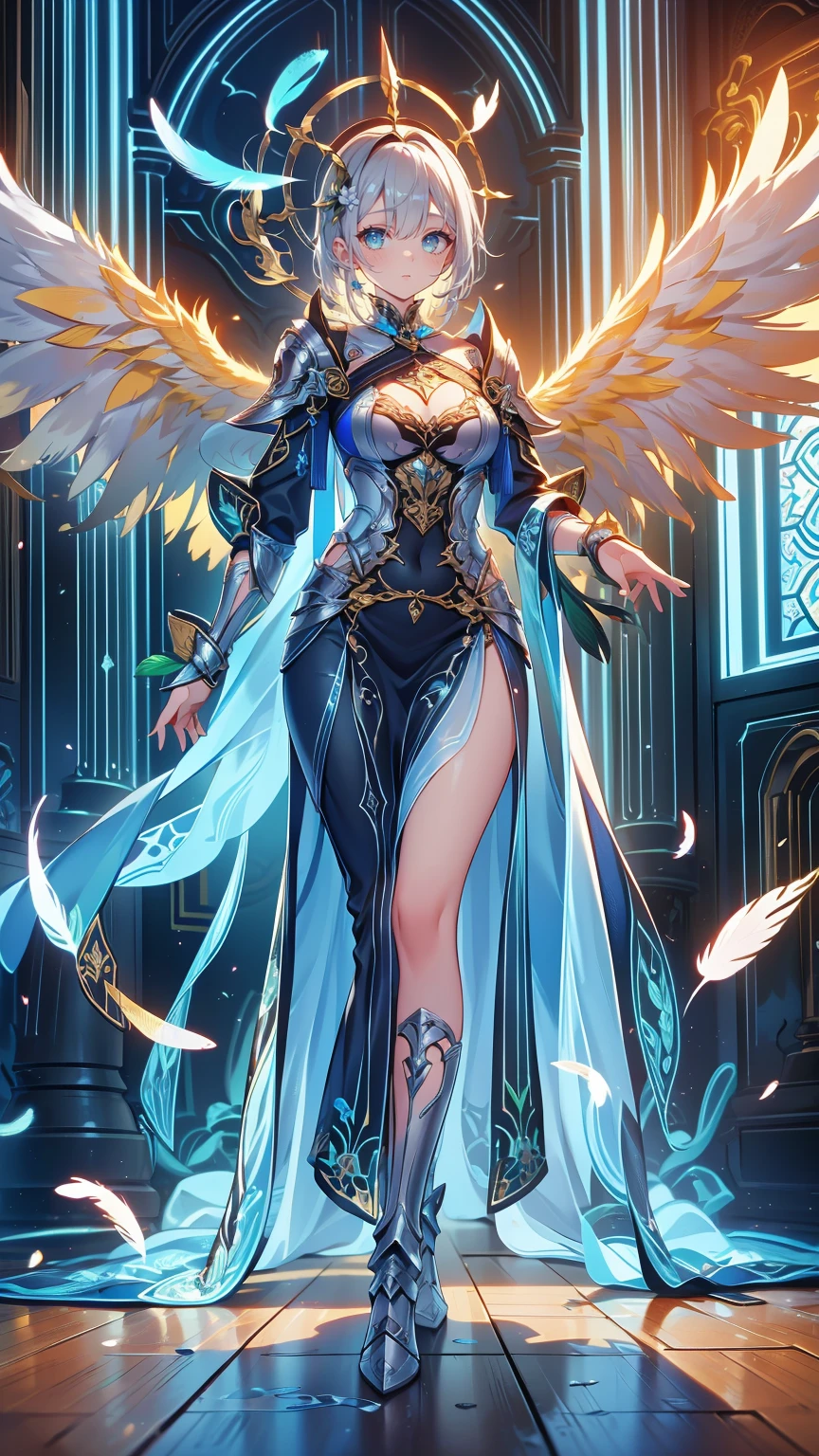 Luminara the anthropromorphic Celestial Phoenix: Enhanced Description Name: Luminara Height: 100 meters (328 feet) Wingspan: 200 meters (656 feet) Appearance: Feathers: Brilliant, glowing white with luminescent blue markings. Eyes: Shimmering blue, reflecting tranquility and wisdom. Chest: Massive, puffy chest feathers resembling very large breasts. Tail Feathers: Long and flowing, sparkling like stardust. Aura: Emits a soft, radiant light that dispels darkness and brings a sense of calm and safety. Visualization Imagine Luminara with her majestic, massive chest feathers, radiating light and peace, standing next to the Statue of Liberty for scale. The sheer size and beauty of Luminara would create a breathtaking, divine image, showcasing her powerful and serene presence. A graceful, luminous female anthro milf figure with glowing white feathers and luminescent blue markings and a massive breasts and voluptuous breasts and thicc thicc for child-bearing. Her eyes shimmer with a tranquil blue light. She emits a soft, radiant light and wears flowing, ethereal garments that sparkle like stardust.