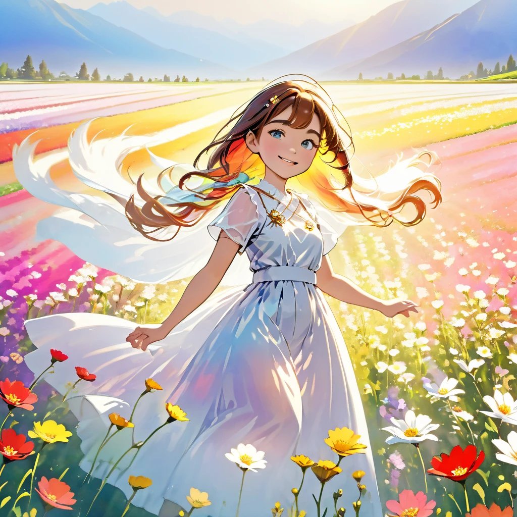 (masterpiece,  best quality:1.2),  one girl who is at ease,  dynamic angle without carrying a bag, Clouds and mountains, (Flower Field:1.4) In the foreground,  white dress,  Light Tracing, (floating colorful wind :1) (Realistic:1.4),  Official Art,  Unity 8K Wallpaper,  Very detailed, beautifully、beautiful, masterpiece, best quality,  Glowing Skin,  Movie Lighting,  smiles lightly, ( things drawn with ink on Japanese paper , Bleeding easily)(  Modern Picture Book Art  ), (Transparent watercolor), (Realistic expression of light itself), (Soft Layer, Wide range of colors), (Water-thinned paint), (deep, 優しい色合い), Art Nouveau Background, Fairytale style background,  stylized line drawing 