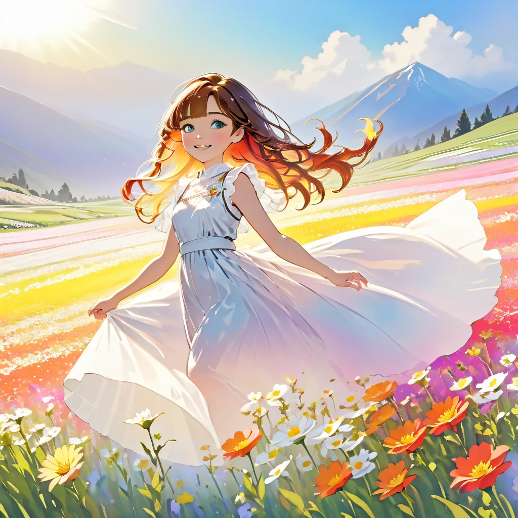 (masterpiece,  best quality:1.2),  one girl who is at ease,  dynamic angle without carrying a bag, Clouds and mountains, (Flower Field:1.4) In the foreground,  white dress,  Light Tracing, (floating colorful wind :1) (Realistic:1.4),  Official Art,  Unity 8K Wallpaper,  Very detailed, beautifully、beautiful, masterpiece, best quality,  Glowing Skin,  Movie Lighting,  smiles lightly, ( things drawn with ink on Japanese paper , Bleeding easily)(  Modern Picture Book Art  ), (Transparent watercolor), (Realistic expression of light itself), (Soft Layer, Wide range of colors), (Water-thinned paint), (deep, 優しい色合い), Art Nouveau Background, Fairytale style background,  stylized line drawing 