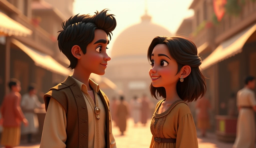 A dream architect inspired by Pixar animation, up close. The facial expressions are captivating, with a touch of unreality. long black hair girl and black hair guy.