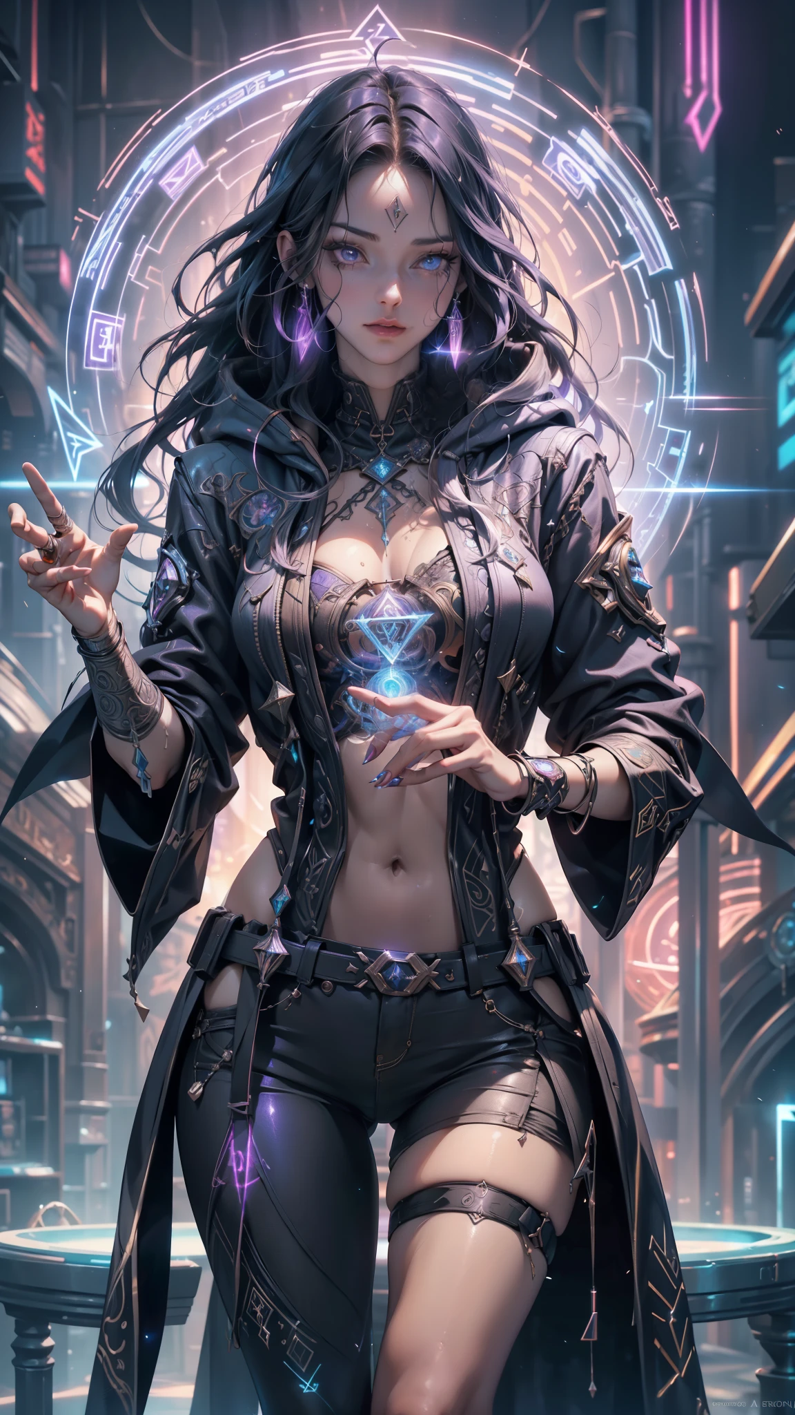 A female wizard in cyberpunk style, (masterpiece:1.2, best quality, realistic, raw photo, realism, ultra beautiful digital art, perfect anatomy, fantasy art, ultra detailed, incredibly absurdres, perfect depiction of fingers and hands), (detailed sexy face, detailed narrow sharp eyes, beautiful makeup, long eyelashes, juicy lips, high resolution, detailed depictions of beautiful face), (long hair, wavy), woman in a futuristic, wearing a hooded intricate mechanical robe & ornate rune characters patterns, ((glowing rune patterns on her clothes)) , sexy thigh, short pants, exposed clothes, BREAK (the wizard is generating lightning bowls by ancient magic, much aura), techno-organic circlet, with vibrant orange accents and a purple aura, striking a dramatic, cyberwizard