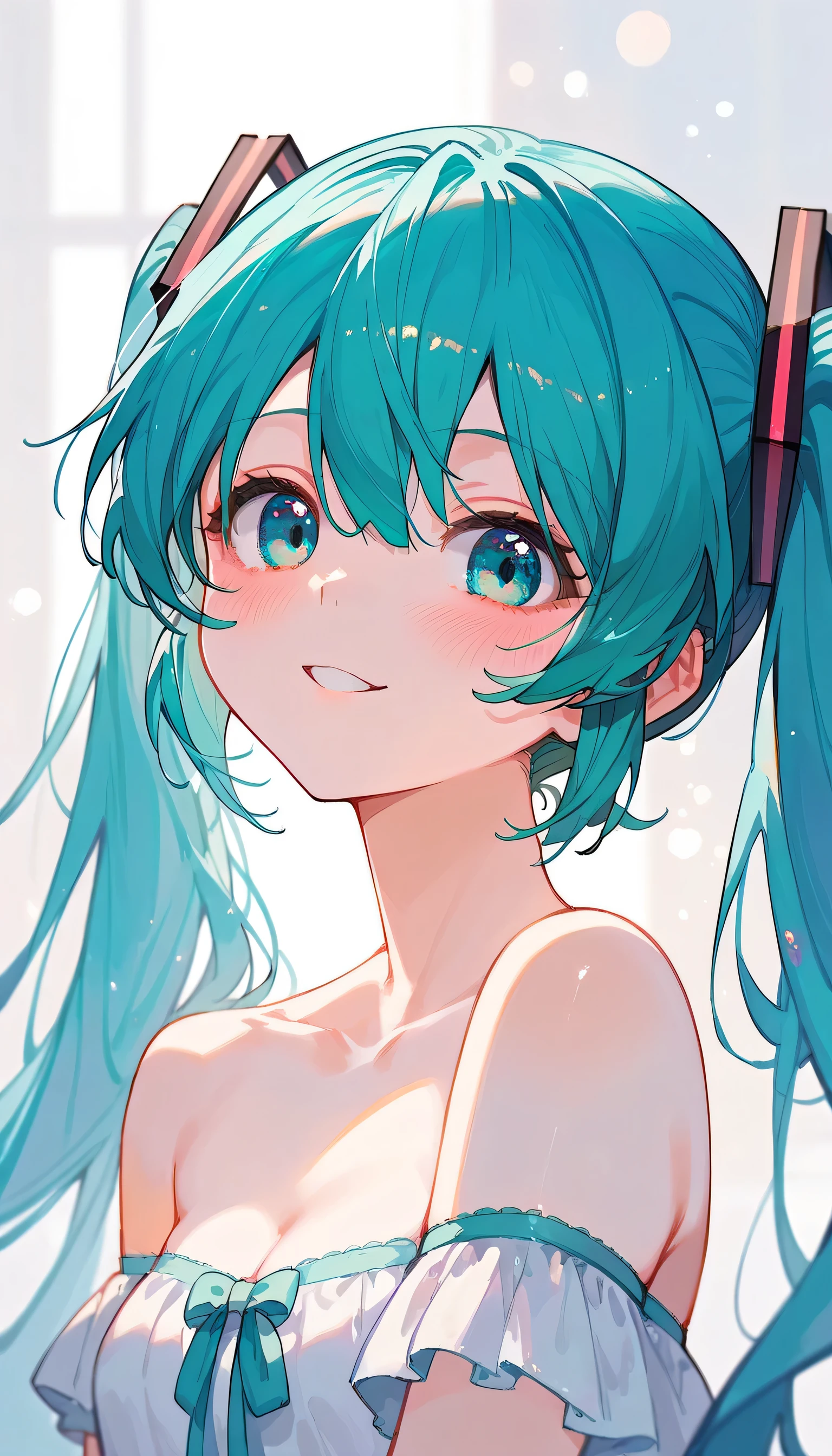 nai3, close up, masterpiece, best quality, bokeh, cute, Score_9,Score_8_up,Score_7_up,highest quality,detailed, highly detailed, hatsune miku, 1girl, kawaii