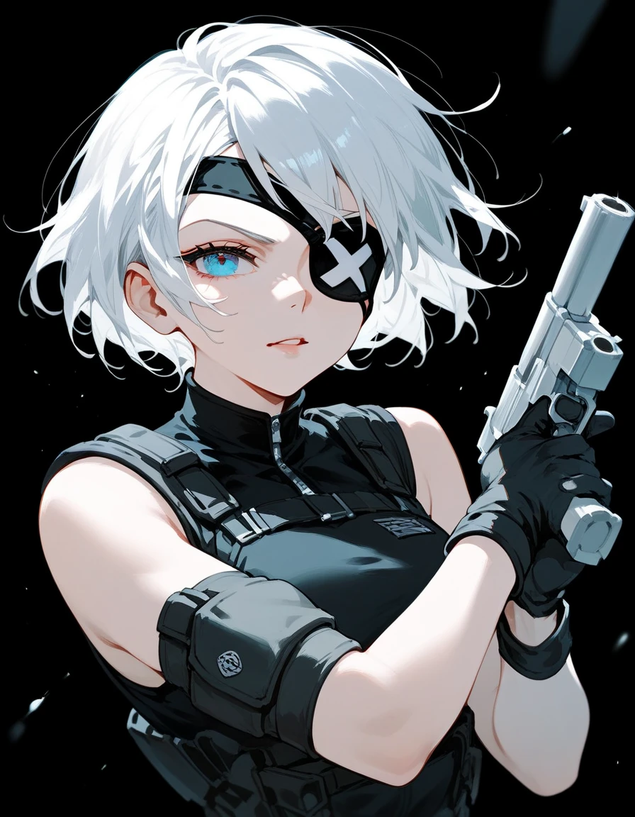 girl,Short hair,White hair, in blue eyes, eyes patch, left eye blind ,Black sleeveless shirt,Holding a gun, wear gloves,, black background,