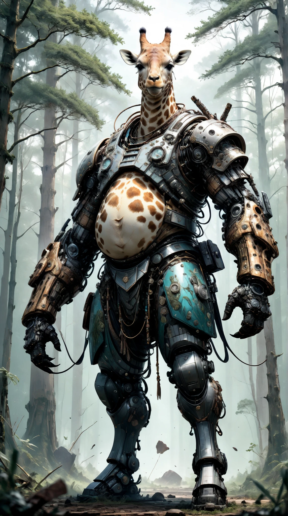 photorealistic portrait of Dressed animals - a ((fat)) giraffe warrior,(brave pose), high quality,(art by Carne Griffiths) ,intricate detailed giant mechanical arms, highly detailed ((mechanical armor) ,,highly detailed armor, forest background , (brave), natural lighting,(full body image from head to toe:1.5),