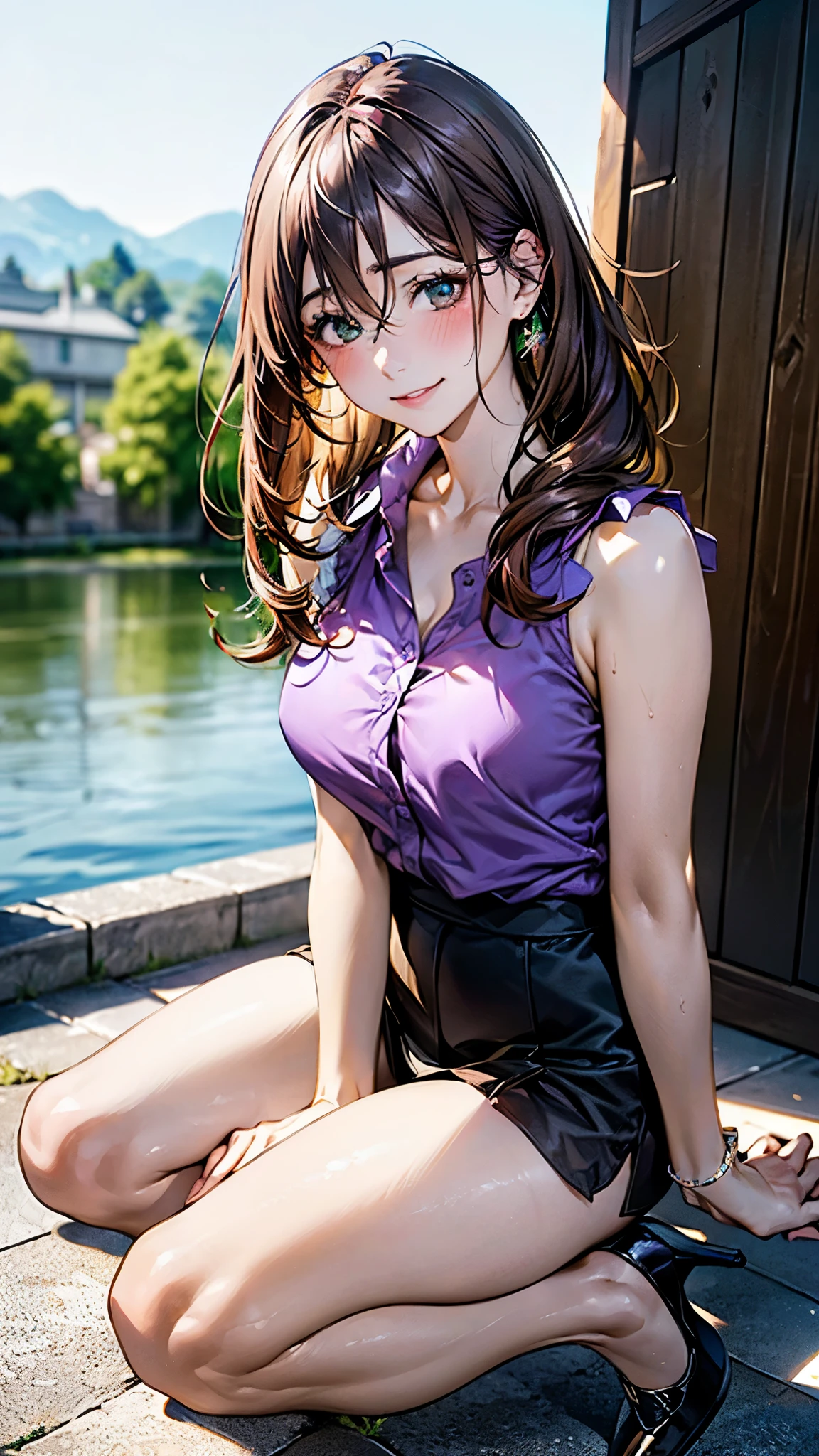 (masterpiece:1.2, best quality), (Realistic, photoRealistic:1.4), beautiful illustration, ( natural light, Movie Lighting),
watch viewers , COWBOY SHOOTING , Front View:0.6, 1 girl, Japanese, High School Girls , perfect face, cute and well-groomed face , shiny skin,
(Long Hair:1.8, Drill Hair:1.7, lots of dark brown hair ), hair between eyes , emerald green eyes , has long eyelashes, ( :0.9, thick thighs ),
Beautiful Hair, Facial beauty, Beautiful Attention to Details , beautiful collarbone , beautiful body, Beautiful , beautiful thighs, beautiful legs, Beautiful Fingers ,
((A sleeveless collared shirt in a pale purple color, clevis, black tight extend to viewers, high heels)), pink ,
( beautiful scenery ), evening , Riverside, place your hands on your , ( cute smile with blush, Upward Glance ), , legs up.