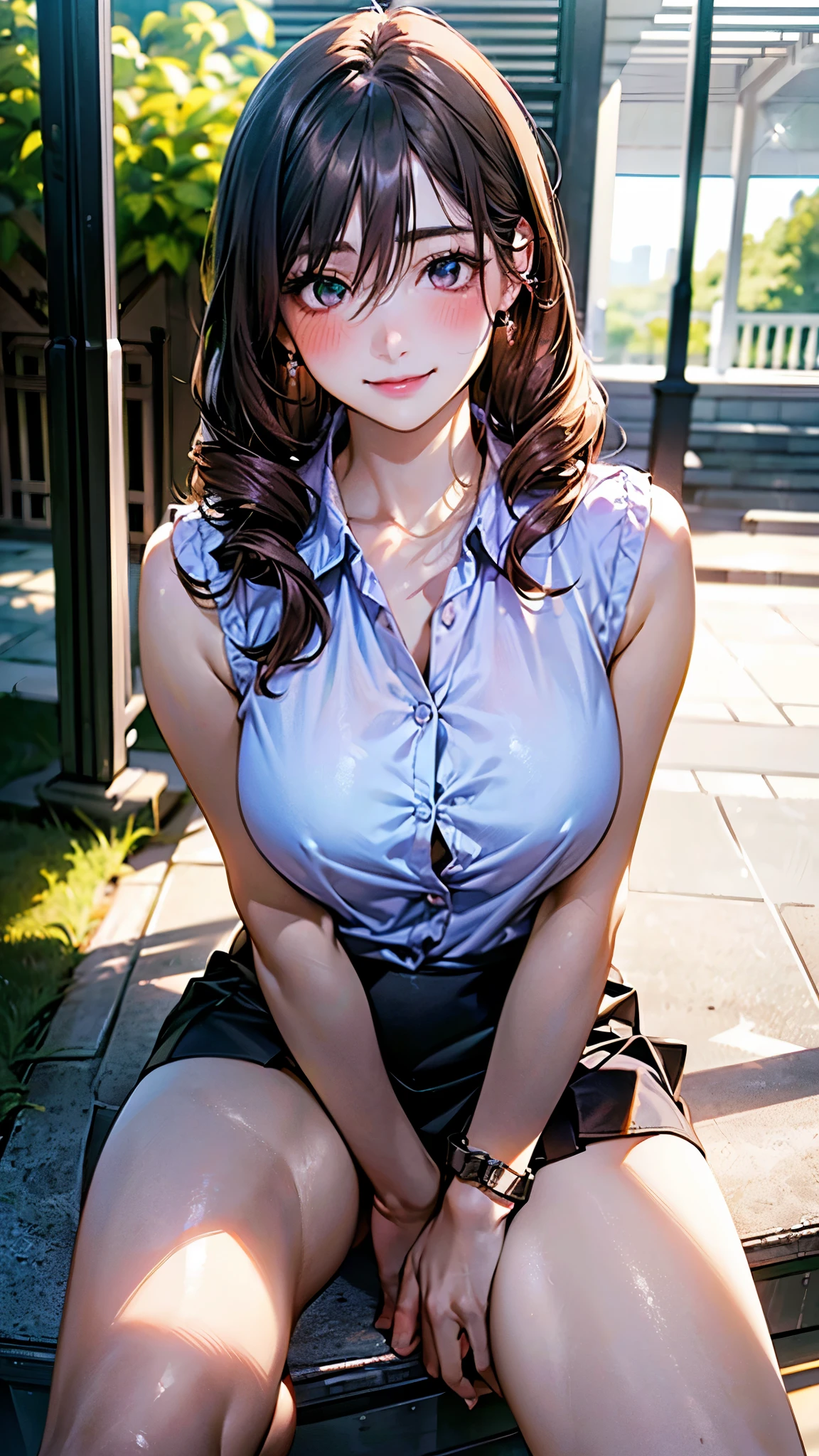 (masterpiece:1.2, Highest quality), (Realistic, photoRealistic:1.4), Beautiful illustrations, (Natural Side Lighting, Cinema Lighting),
View your audience, Cowboy Shot, Front view:0.6, 1 Girl, Japanese, high school girl, Perfect Face, Cute and symmetrical face, Shiny skin,
(Long Hair:1.8, Drill Hair:1.7, Dark brown hair), Hair between the eyes, Emerald green eyes, Long eyelashes, (Large Breasts:0.9, Thick thighs),
Beautiful Hair, Beautiful Face, Beautiful attention to detail, Beautiful clavicle, Beautiful body, Beautiful breasts, Beautiful thighs, Beautiful legs, Beautiful fingers,
((Light purple sleeveless collared shirt, Cleavage, Black tight mini skirt, High heels)), Pink Panties,
(Beautiful views), evening, Riverside, walking, Please place your hand on your chest, (Cute Smile, Upward glance),