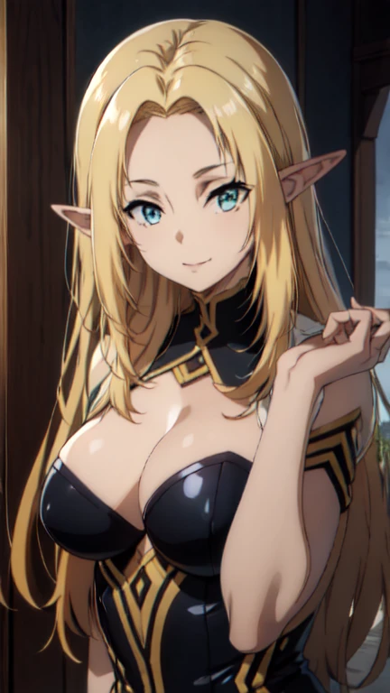 ( upper body), medium shot ,Anime,masterpiece,Portraiture, 8k,Realistic, An elegant and mature elven woman, Elf Ears, blue eyes, ( Beautiful Animated Eyes :1.4), blonde hair ,  black bodysuit , smile, Beautiful breasts,8k resolution,  High Quality CG, Beautiful CG, Soft light, is watching viewers,