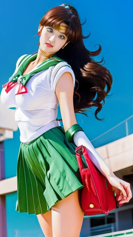 (   best quality), (   best quality)  sailor Jupiter, beautiful body, Big Breasts, Tall,  flying in a red convertible 