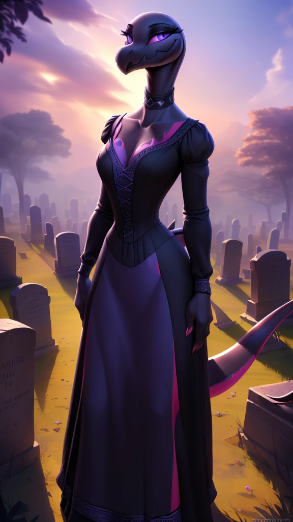 uploaded on e621, ((Salazzle)) by Pixelsketcher, by Bayard Wu, by Thomas Benjamin Kennington , by Einshelm, anthro, ((full body focus)), BREAK, ((dress:1.2)),wearing black victorian dress, long flowing dress, long sleeve victorian dress, dress flowing down past knees, black choker, (detailed Bonifasko lighting), (detailed scales), (detailed skin), (female Salazzle), BREAK, ((facing viewer)), (cinematic lighting), ((detailed background)), ((full body portrait view)), (((portrait view))), (half body shadow), [backlighting], [crepuscular ray], [detailed ambient light], [gray natural lighting], [ambient light on the belly], (higher wildlife feral detail), [sharp focus], (shaded), ((masterpiece), natural breasts, medium breasts, furry Salazzle, reptilian face, furry Fantasy Art, furry Art, Commission for High Res, anthro Art, POV furry Art,Sakimichan beautiful, masterpiece, best quality, detailed image, bright colors, detailed face, perfect lighting, perfect shadows, perfect eyes, girl focus, purple eyes, flawless face, reptilian girl, scales, scaled woman, colorful scales, gaze at the viewer, half-closed eyes, 1girl, full body, (masterpiece:1.21), (best quality:1.2), (illustration:1.2), (cinematic lighting:1.3), detailed scales, balanced coloring, global illumination, ray tracing, good lighting, scales, anthro, looking at viewer, short neck, (full body shot of woman in graveyard), submissive, outside, graveyard, (woman standing outside, woman standing in graveyard, woman next to tombstones), hand on tombstone, claws, (intricate details:1.12), (intricate details, hyperdetailed:1.15), hdr, outside, (daytime:1.2), warm light, dramatic light, cinematic, (full body:1.2), slight smile, blushing, ((black victorian dress, standing up, posing seductively, slight smile, full victorian dress, dress covering whole body))