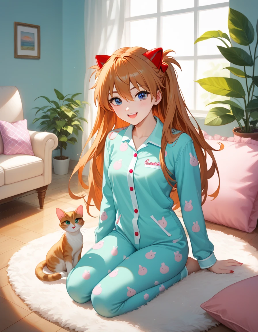 A cozy living room filled with playful cats of various breeds. A cute anime-style girl with long hair, wearing pastel-colored pajamas, is sitting on a soft rug surrounded by the cats. She’s smiling and playing with them, creating a joyful and warm atmosphere. The room features soft lighting, a comfortable sofa, a few cushions, and a few plants scattered around. The scene radiates a sense of happiness and tranquility, with a vibrant and charming aesthetic. The girl is interacting lovingly with the cats, with detailed textures on her pajamas and the cats’ fur. The environment is detailed and realistic, with soft colors and inviting ambiance. High-quality 8k resolution, vibrant and lively colors, high detail,

score_9,score_8_up,score_7_up,source_anime,masterpiece,best quality,absurdres,highres,very aesthetic,ray_tracing,
1girl,beautiful face,
souryuu_asuka_langley,bodysuit,