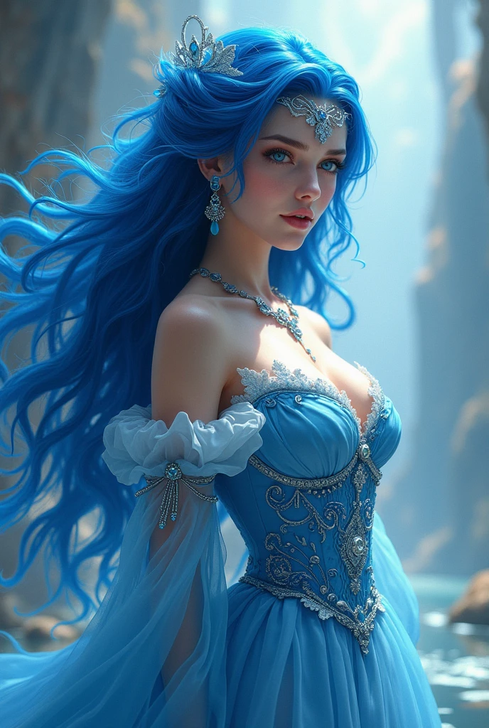 A woman with long, straight blue hair. She is sitting on a silver rock, like the shining crown on your head and the pointed earrings in your ear. His eyes are also silver. The tips of her long blue strands blend with the blue water beneath the stone.. Background, there is a clear and clean sky, with subtle clouds. Your silver dress is full of shine, almost transparent, but with a larger light blue underneath it. It&#39;s an almost realistic drawing.