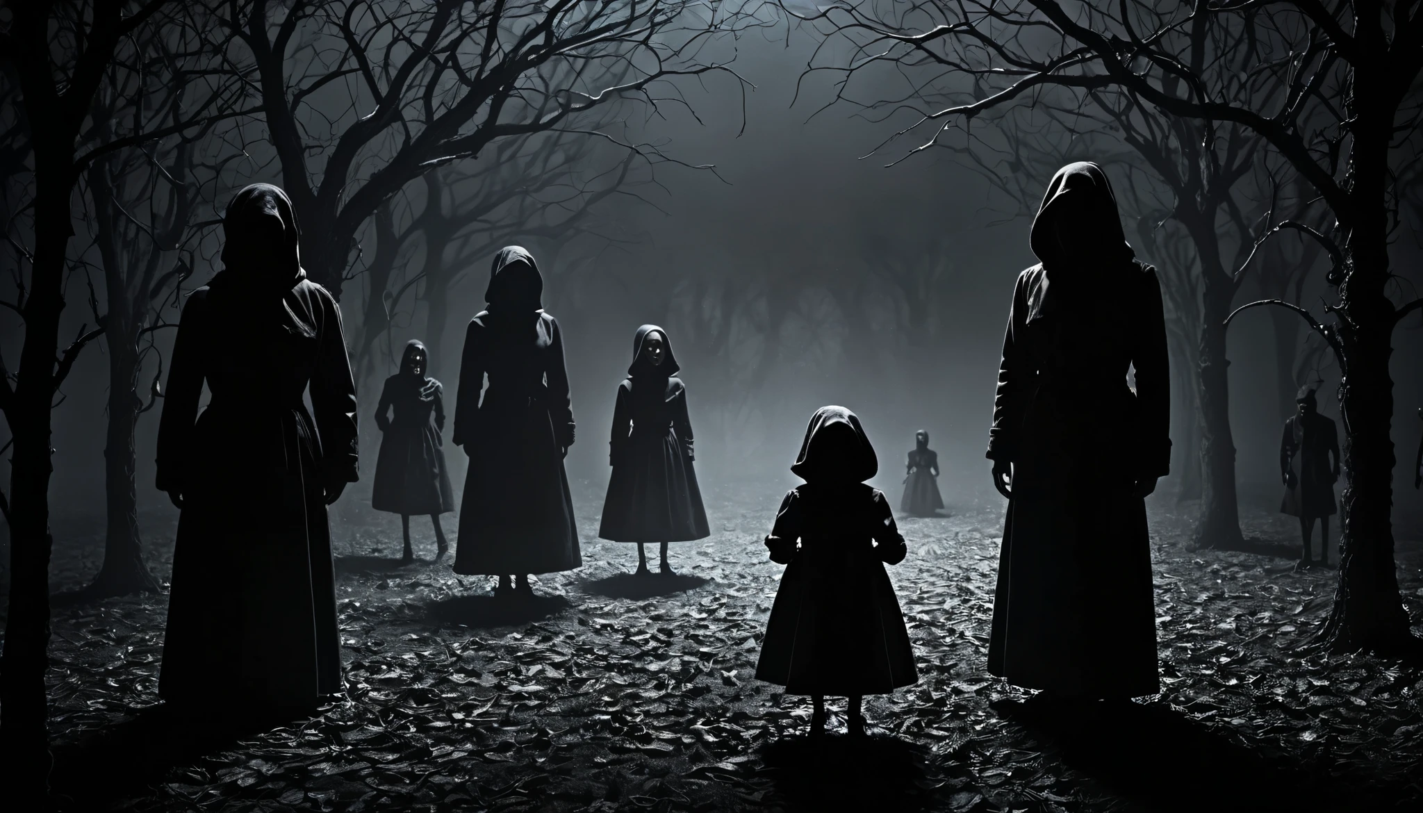 Create a creepy and suspenseful image featuring small, frightened figures. Place these figures in a dark and eerie setting, with subtle shadows and a sense of foreboding. Ensure the figures appear frightened, conveying a sense of vulnerability and fear. Surround them with a mysterious atmosphere to enhance the suspense, (reaper)