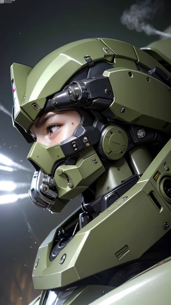 最 High Quality 非常に Details,  Details,  High Quality , 最 High Quality ,  high definition , 1080P,  hard disk , beautiful,(War Machine),( perfect headgear ),See the whole picture,beautifulサイボーグ女性, Dark Green Mecha Cyborg Girl,BATTLE MODE,Mecha Body Girl　 8k Dark Green Body Armor 　Gloss　 elementary school girl　Sweaty face　Droopy eyes　smile　 short hair on the side of the uniform　 gas mask with extended nozzles 　 boyish　(( steam is coming out of my head))　 my hair is wet from sweat　 black hair,  has steam coming out of her mouth 　 bed　 Does Not Expose Skin Under Face 　