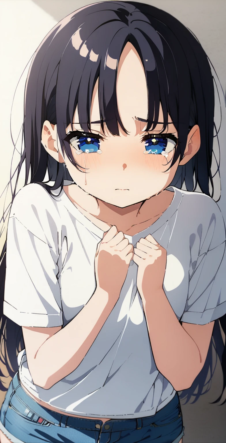 nagatoro :   A cute girl dressed in a t-shirt and short denim shorts,Sensual,     in front of me , crying and rubbing her eyes  .