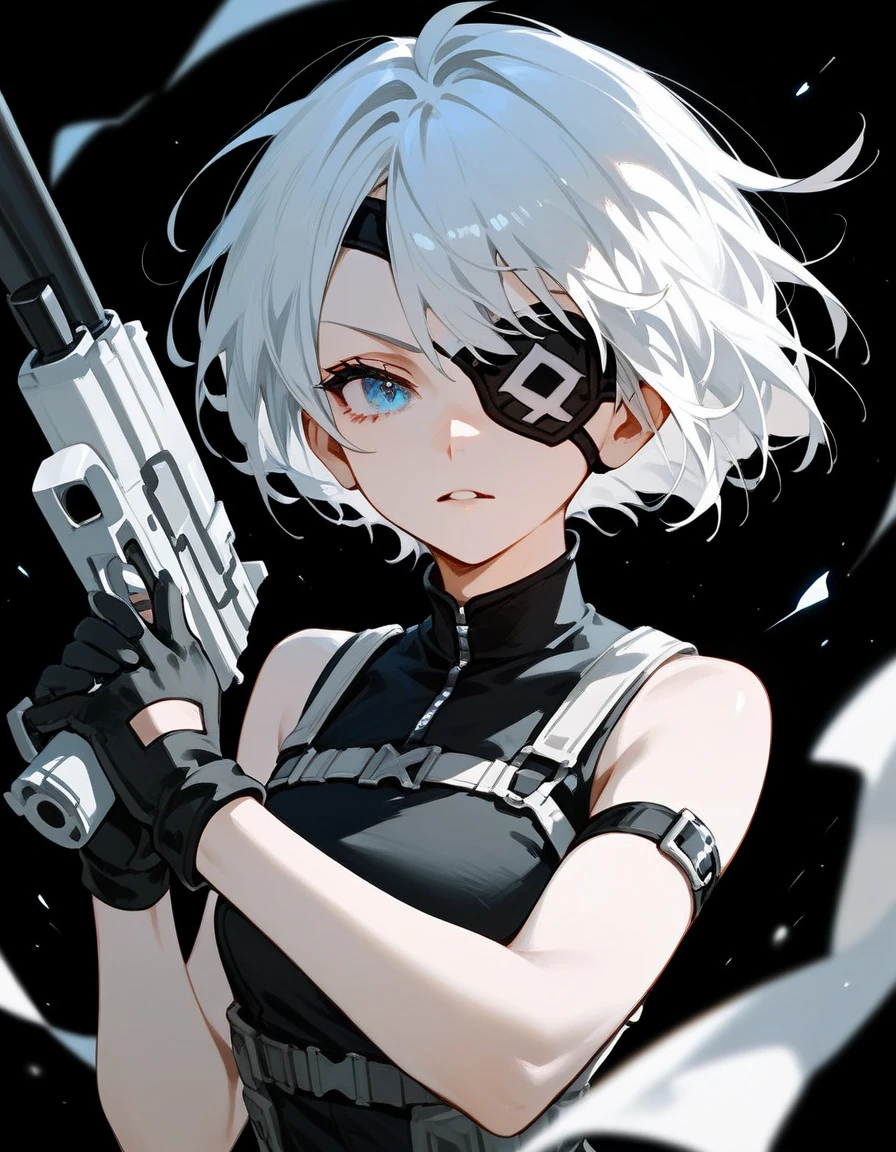 girl,Short hair,White hair, in blue eyes, eyes patch, left eye blind ,Black sleeveless shirt,Holding a gun, wear gloves,, black background,Aim