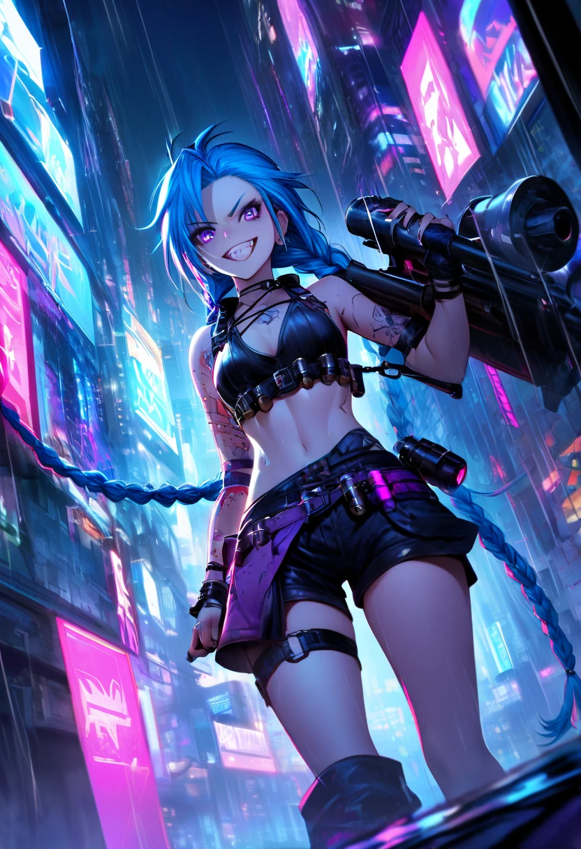 A dynamic image of a female character inspired by Jinx from Arcane, set in a futuristic neon-lit city. She has long, vibrant blue hair styled in two thick braids that fall to her waist, with loose strands framing her manic grin. Her right arm features stylized blue cloud tattoos, adding to her chaotic and creative aura. She is mid-air, leaping between skyscrapers in a daring, action-packed pose. Strapped across her back is Fishbones, a massive, shark-shaped rocket launcher with intricate metallic detailing and glowing blue accents along its jaws. In her hands, she grips Pow-Pow, her menacing minigun, with its rotating barrels and bright neon highlights, exuding an aura of raw power. The weapon is slung slightly at her waist, with visible scratches and a well-used aesthetic that matches her wild personality. Her punk-inspired outfit, featuring a cropped top, shorts, and utility belts with additional ammo and gear, completes her chaotic look. The neon cityscape behind her is alive with towering skyscrapers, holographic signs, and glowing lights in shades of purple, blue, and pink, reflected on the rain-soaked streets below, amplifying the intense, high-energy atmosphere.