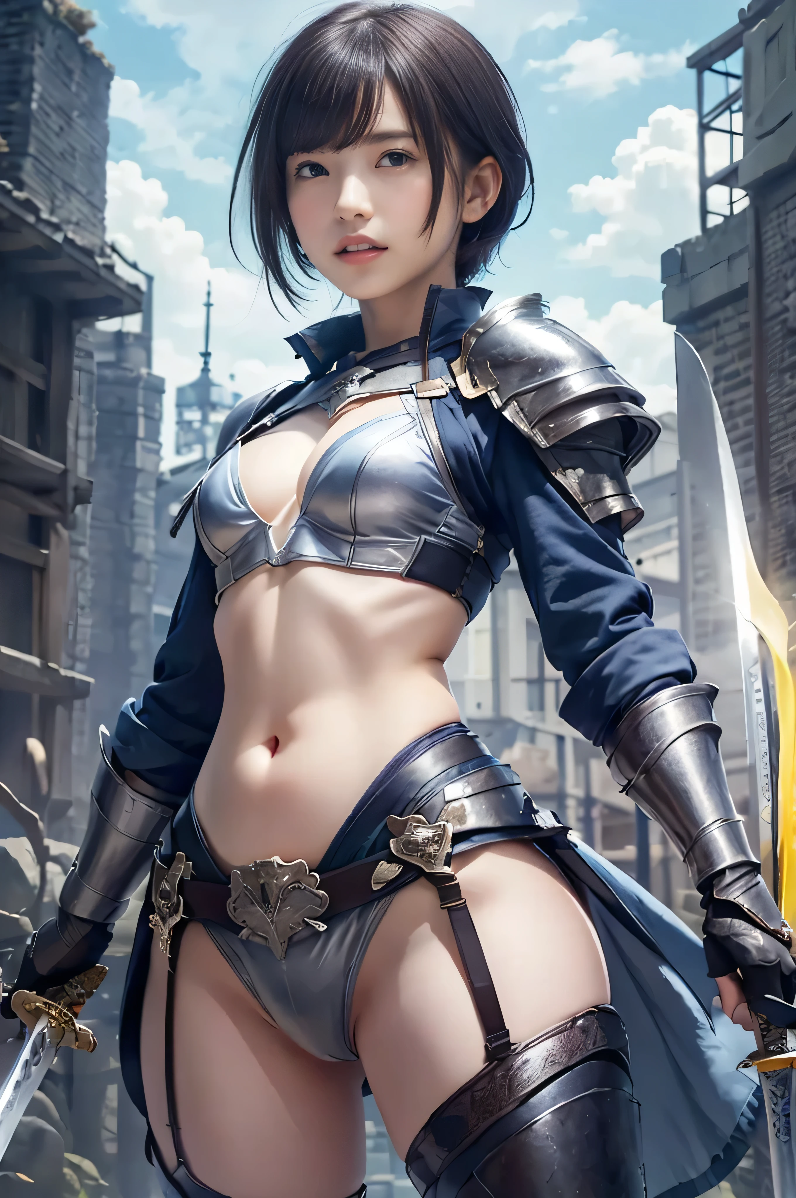 (masterpiece,  best quality:1.2), 8k, Baby-faced woman with bright blue short hair, Yellow Theme，((The Long Waving Sword :1.4))，armor，Exposing the belly button，Sakura NS，Promotional poster style，D Cup，Exposing the belly button， Sexy One Piece Stockings， happy expression, realistic skin texture,  beautiful blue eyes bandaged all over, Combat pose,