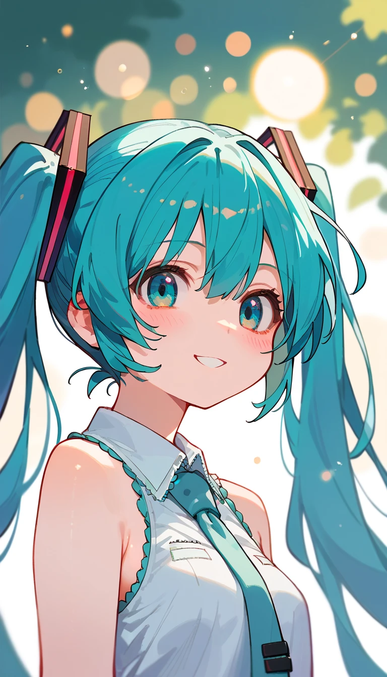 nai3, close up, masterpiece, best quality, bokeh, cute, Score_9,Score_8_up,Score_7_up,highest quality,detailed, highly detailed, hatsune miku, 1girl, kawaii, Sleeveless shirts, sleeveless shirts