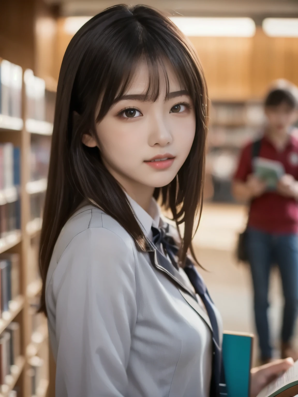 8k、 best quality、Ultra Wide Angle Monofocal Lens 、(Representative Works:1.2)、( real)、( real:1.37)、One high school girl、 reading a book、Thin eyebrows、 Libraries 、HDR、( high school uniform )、 Perfect Body 、 Gravure Shooting 、Perfect Fingers、Beautiful Skin、 professional lighting、Face and skin detail、Microparticles、 RAW Photos