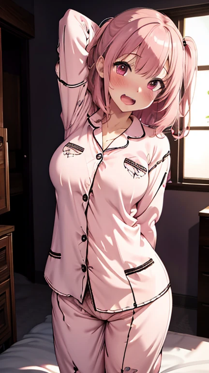 Pink hair 1.3, loli, flat chest 0.9, sitting on the bed, cross-legged, crying, hands wiping tears