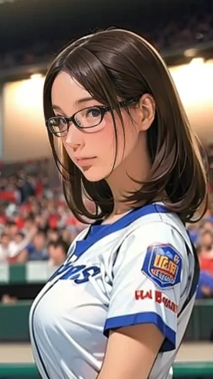 A very beautiful woman wearing a Seibu Lions uniform,Hitting at Giants Stadium、 bat