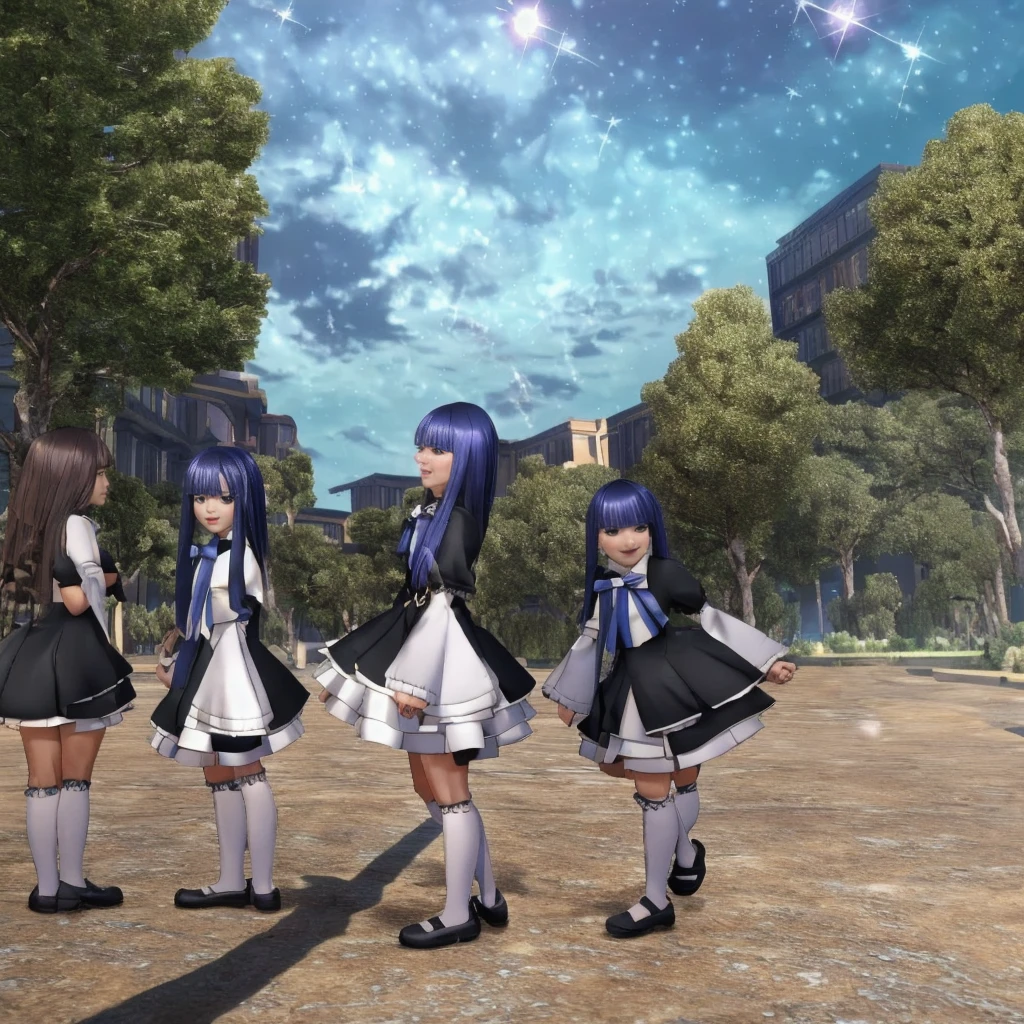 The image shows 2 females standing on a reflective street. (The first is Frederica Bernkastel dressed in an elaborately detailed costume, which includes a black and white dress with a blue bowtie, knee socks, and black shoes. The costume also features a cat-tail accessory attached to the lower back, and she has long dark blue hair.) (The second female is Furude Rika wearing a school uniform of the St. Lucia Academy, complete with all its distinctive details). The lighting is bright, highlighting the vibrant colors and intricate details of their costumes and surroundings. Masterpiece. Perfect. Award winner. Professional manga-anime drawing. Perfectly well-drawn hands. Perfect hands:1. 

Natural light casting realistic shadows and highlights, with soft ambient lighting and sharp, defined shadows. Detailed skin texture with pores and slight imperfections, complemented by lifelike facial expressions and realistic eye reflections. High-resolution fabric details showing the weave and natural wrinkles, and accessories with realistic metal and leather textures. An urban street scene with reflective surfaces and dynamic lighting, alongside a lush forest background with detailed foliage and sunlight filtering through the trees. Richly detailed, high-definition photorealistic image with attention to lighting, textures, and depth.

Surrounding the clock, the backdrop extends into the cosmos with twinkling stars, swirling galaxies, and distant nebulas. A large planet looms in the background, its surface intricately detailed with craters and glowing lines, adding a celestial aura to the scene. Comets streak across the sky, leaving trails of stardust that mingle with the ethereal light illuminating the entire scene.

Two females standing:1. (((2 WOMEN))), (((EACH WOMAN HAS HER OWN DISTINCTIVE CLOTHING)))