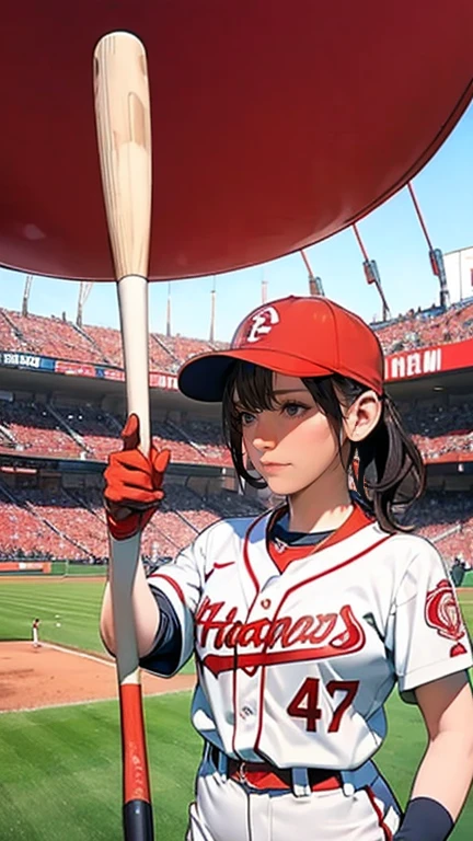 A very beautiful woman wearing a Hiroshima Carp uniform,Hitting at Giants Stadium、 bat