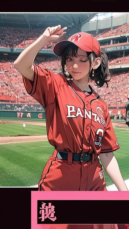 A very beautiful woman wearing a Hiroshima Carp uniform,Hitting at Giants Stadium、 bat