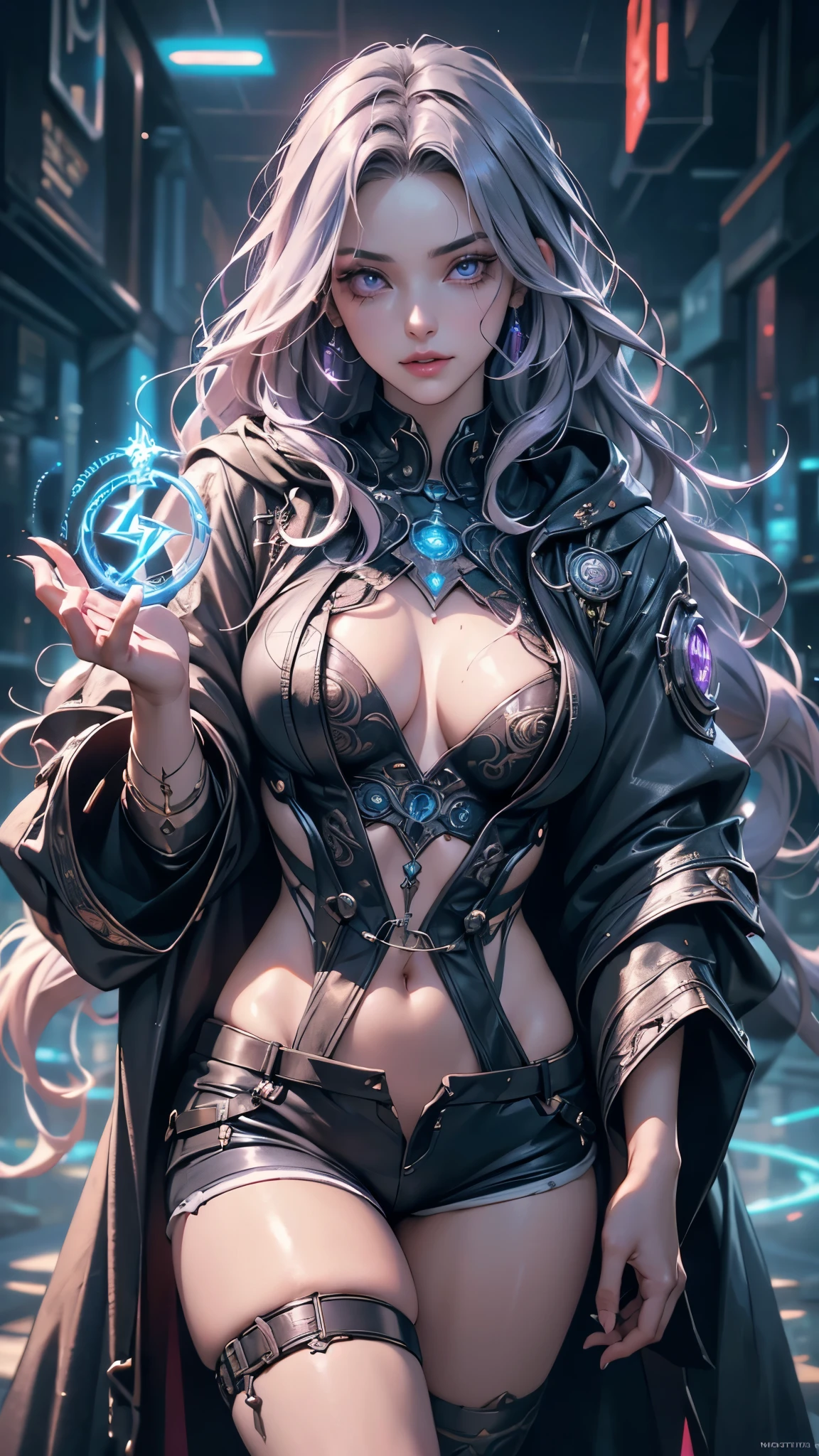 A female wizard in cyberpunk style, (masterpiece:1.2, best quality, realistic, raw photo, realism, ultra beautiful digital art, perfect anatomy, fantasy art, ultra detailed, incredibly absurdres, perfect depiction of fingers and hands), (detailed sexy face, detailed narrow sharp eyes, beautiful makeup, long eyelashes, juicy lips, high resolution, detailed depictions of beautiful face), (long hair, wavy), woman in a futuristic, (wearing a hooded intricate mechanical robe with ornate runes, glowing runes on her robe , sexy thigh, short pants, exposed clothes), BREAK (the wizard is generating lightning bowls by ancient magic, much aura), techno-organic circlet, with vibrant orange accents and a purple aura, striking a dramatic, cyberwizard