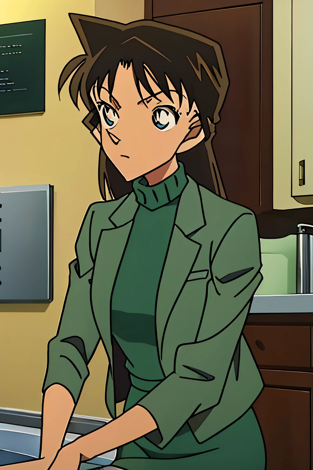 {{{Dylan}}},{{{ Detective Conan }}},{{{Long Hair}}},{{{Public Documents }}},{{{adult}}},GREEN DRESS ONE PIECE DRESS  , TURTLENECK GREEN MINI SKIRT , {  LIGHT GREEN CROP DOMINI JACKET {x}},{ LIGHT GREEN CROPPED JACKET }, Green Sox ,sink,laundry,kitchen,bringing upper body to the sink,open