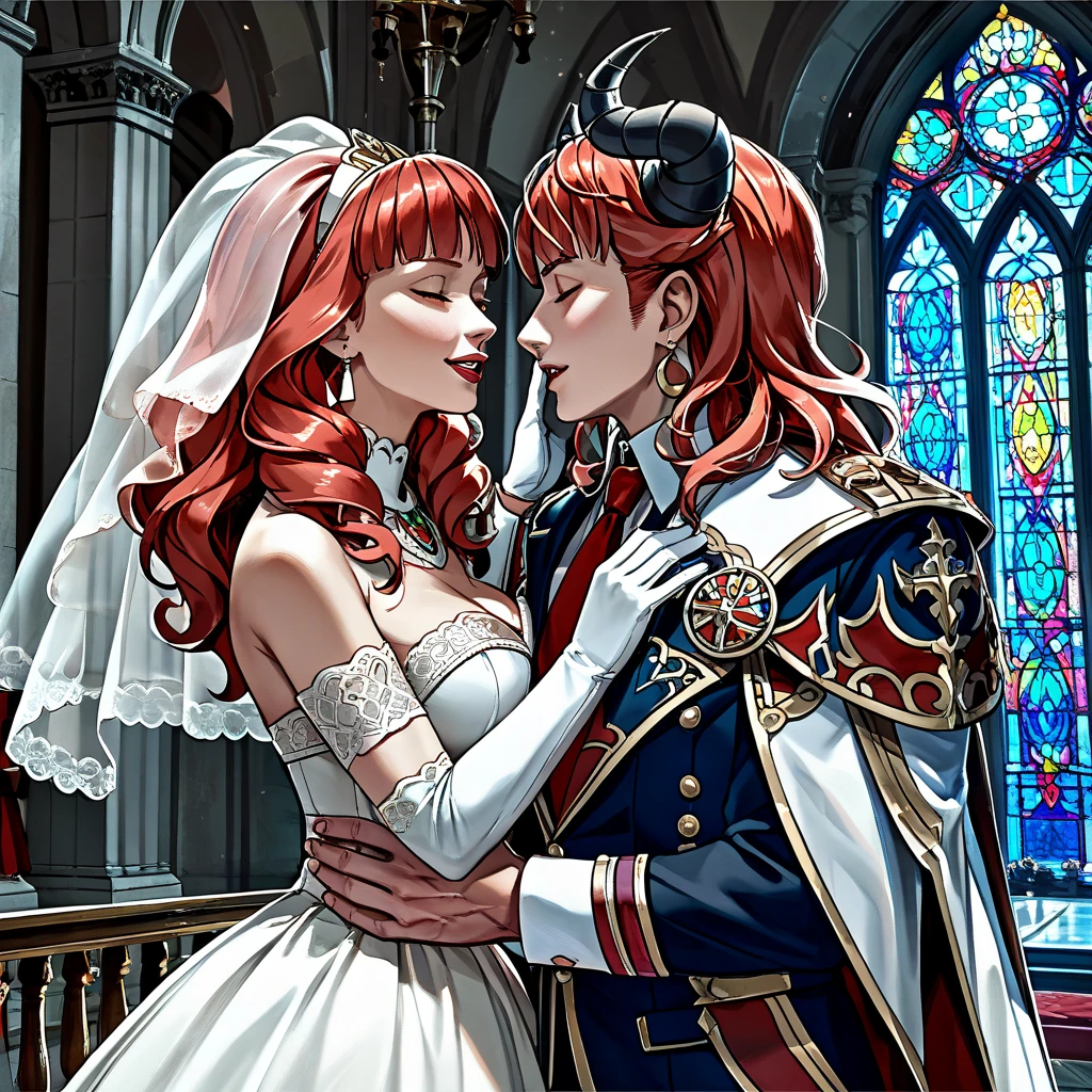 The beautiful woman who became a family member of an alien demon is a red-haired celica, wears a devil's black wedding dress, hugs the evil and heteromorphic fly demon Beelzebub at the devil's altar, has a sworn kiss, and has seed sex, and is loved while having a devil's wedding and becomes the devil's wife、(( best quality)), ((masterpiece)), ( Details), （ perfect face）,The devil's woman is a red-haired celica with excellent proportions, is the devil's wife who hugs and kisses an atypical devil and has a wedding 