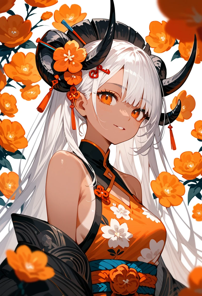 girl,Long hair,I gathered,There is a hairpin ,White hair,Tanned, in an orange floral kimono,In the orange eyes, With Black Curved Horns, Medium Chest,beautiful,