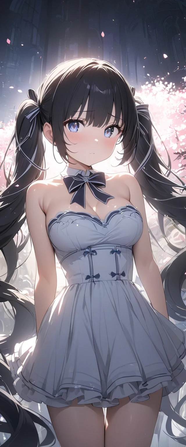 (  :1.5),race,ribbon,(masterpiece,  side lighting ,  beautiful gray eyes drawn in detail: 1.2), medium breast, masterpiece 最高品質 Unity 8k,(1 person,  cute young woman, , medium bust ,  black hair,  twin tails、赤い大きなribbon、Blue Eyes),delicate beautiful eyes , eyes are drawn in detail , high definition , masterpiece, pictures of girls , cute and beautiful face down to the last detail 、Beautiful Bangs, Bangs between the eyes, very long hair,Sparkling Eyes, shiny hair,  shiny skin, Alone,  embarrassed , strapless,Exquisite, beautiful ,garden,flower,飛ぶflowerびら, Bare legs,  Scenery from cherry blossoms , Cinematic Light, Cinematic composition, Rich Expressions