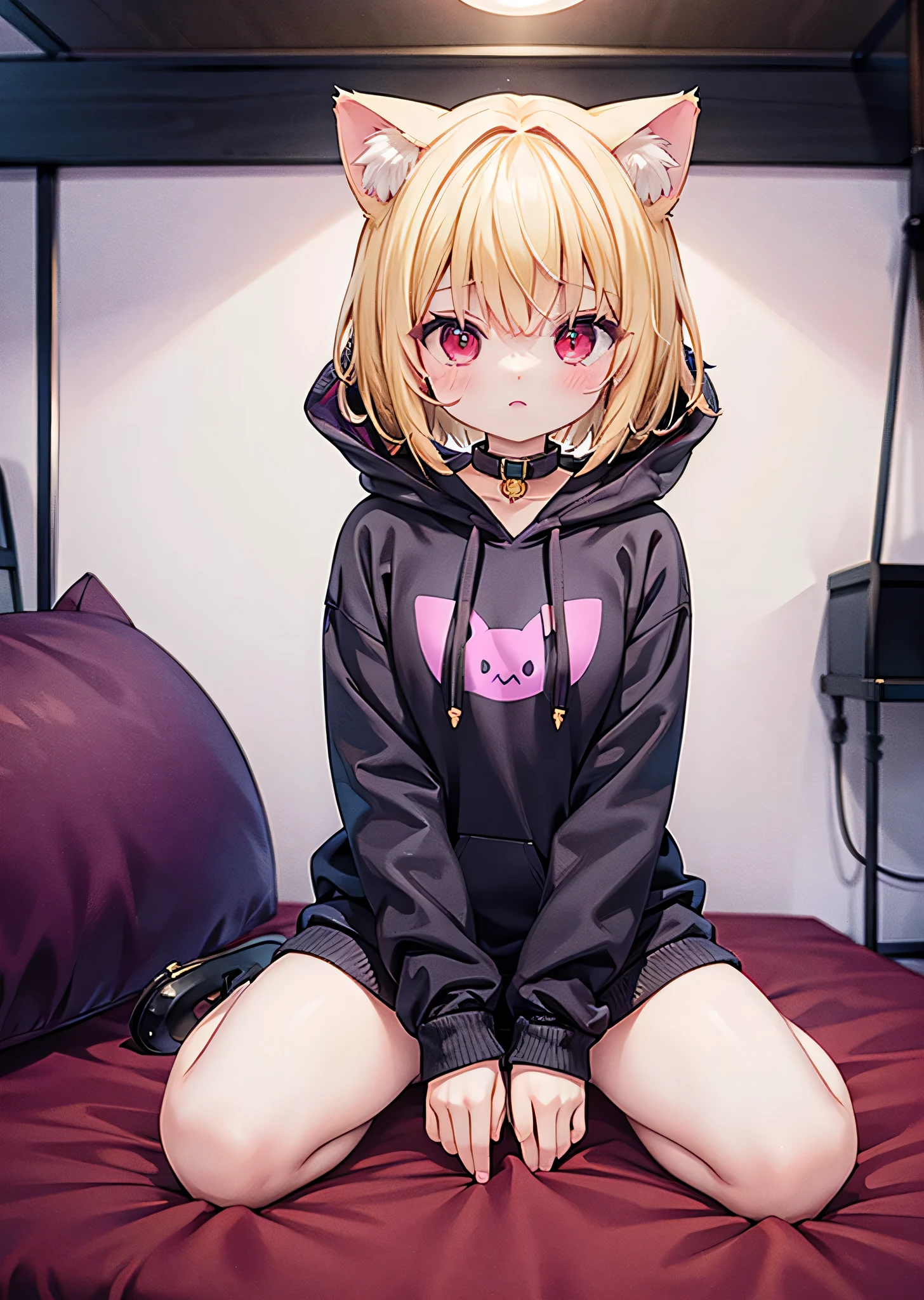 8k, whole body,Blonde、 shortcuts、Cat ears、Red eyes、Black collar、Purple hoodie、
