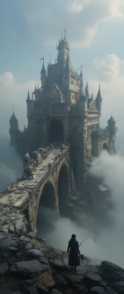  A very old bridge \( float in the sky , 即将倒塌,  Many rainbows shine through the mist \) connected to an ancient castle  float in the sky .  is diffusely reflected through the fog .  stretch far into the foreground ， is about to collapse and . in the thick fog and haze .