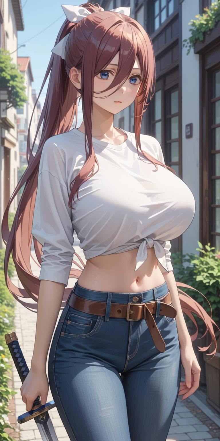 Fit girl,score_9, score_8_up, score_7_up, score_6_up,
uncensored,
1girl, miku nakano, long hair, bangs, blue eyes, brown hair, shirt, hair between eyes, huge breasts,
1girl, solo, sheathed, asymmetrical clothes, navel, very long hair, tied shirt, midriff, hair ribbon, single pantsleg, white shirt, ponytail, large breasts, jeans, white ribbon, brown belt, purple hair, asymmetrical legwear, outdoors, cowboy shot, sword, weapon,