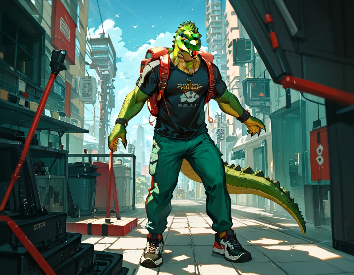 score_9_up, score_8_up, score_7_up, (masterpiece, high detailed), illustration, solo, 1 mature man, crocodile-men hybrid, yellow eyes, green skin , green scales, wearing a black shirt, sport's pants, esportive shoes, a small backpack; urban fantasy tematic . Character design 