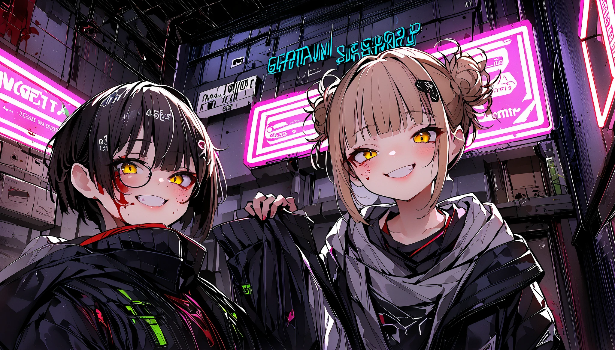 
Score_9, Score_8_up, Score_7_up, Score_6_up, Score_5_up, Score_4_up, Cyberpunk,  1 girl、 Toga Himiko、good、 yellow eyes、Cheeky face、storehouse,  neon light, full body、Blood on face、（Wide angle）