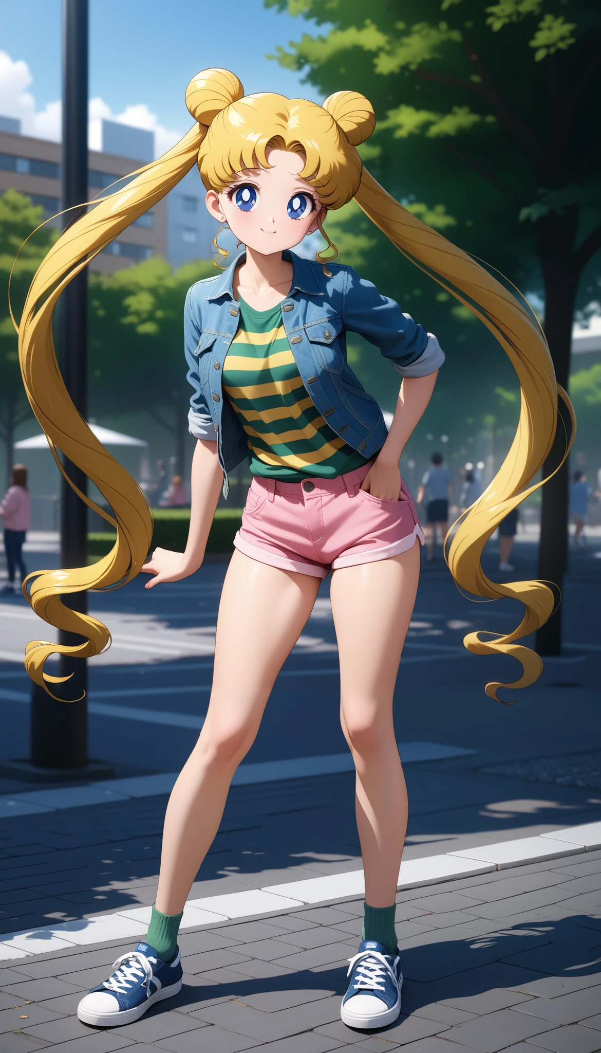 (masterpiece), best quality, very aesthetic, ultra detailed, complex details, 4K, aausagi, blonde hair, double bun, twintails, long hair, blue eyes, small breasts, pink shorts, green striped t-shirt, light denim jacket sleeves rolled up, green mini socks, blue sneakers with white toes, street park, standing sexy poses, smile