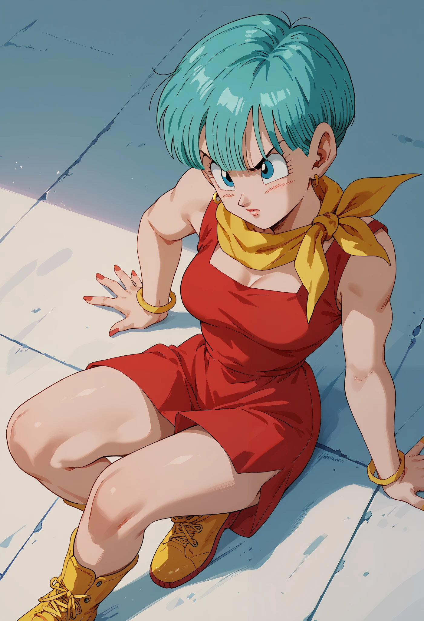 bulma, aqua blue hair, blue eyes, yellow scarf wrapped around neck,  red dress , yellow boots, trailers.