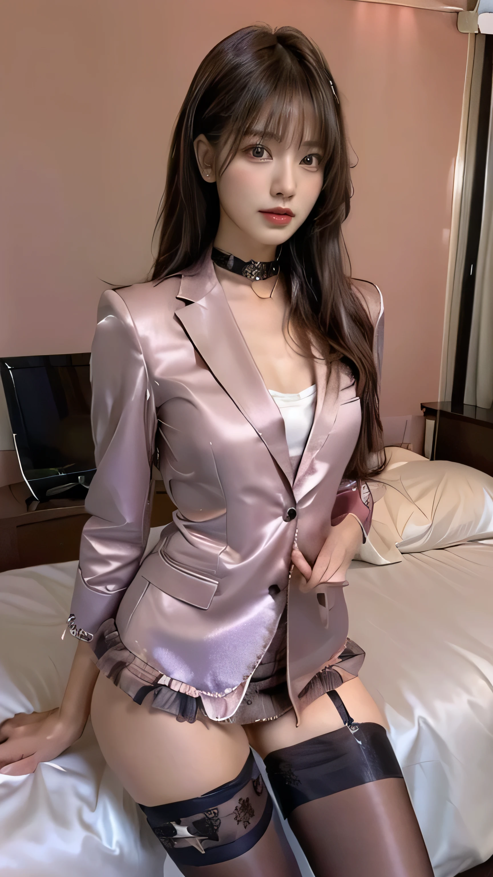 (((最高masterpiece))),((( 8K quality))), long hair up to waist ,( brown hair), very beautiful women , Japanese,40 years old,( light brown short hair wearing a fine-grained :1.5), ), (whole bodyを写している, standing, feet , with legs spread, walk, Sexy Poses ), (Tall, Thin Thighs , Long arms and legs, small waist, small hips ), ( highly detailed skin, beautiful realistic face , white skin, Pointed Chest, small nipples, perfect anatomy, Real Eyes , Natural eyes, Brown Eyes , focus on the eyes, Feet), ( surrealism, Ultra-realistic, 4K, Attention to Details , ultra high resolution, best quality, masterpiece, before, dynamic, uplifting, , Sharpness), ( shiny business suit , business jacket for bedroom:2), ((Tight business skirt)), miniskirt, ((((({Satin Red Color| Satin pink color| Satin Purple Color| Satin White Color| Satin Navy| Satin Gold Color}business suit colors))))), (((Bewitching Smile))), high waist , ( high heels, high heels, whole body:1.2)(((1 person))), black garter belt,((Black stockings)),( standing model pose),( camera ),( slender figure),realistic cat, sitting, natural fur, realistic cat, sitting, natural fur, highly detailed, ultra high resolution, 8k, intricate details, photorealistic, A woman in a formal gown, Well good, no underwear, smooth silhouette, natural curves, photorealistic, 8k detail,(gal:2) , ( Blonde Long Hair :1.5, Loosely wavy long hair:1.5, Fluffy curly hair:1.5, smooth bangs),((( - Inner ))),((- collar ))